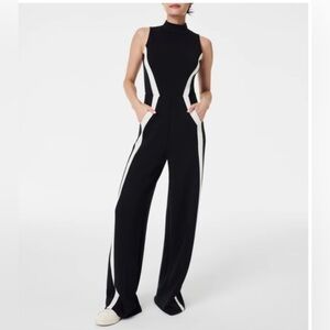 Spanx AirEssentials Mock Neck Striped Track Jumpsuit Very Black Wide Leg Romper